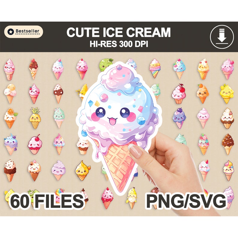 May include: 60 colorful cartoon ice cream cone illustrations in PNG and SVG format. The ice cream cones have different flavors, toppings, and faces. The text "CUTE ICE CREAM HI-RES 300 DPI" and "60 FILES PNG/SVG" are also included in the image.
