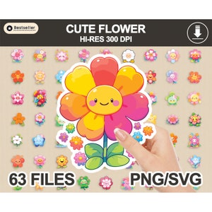 Cute Flower PNG SVG Bundle, sticker PNG bundle, printable stickers, sticker designs, kawaii stickers, sticker downloads, flower clipart