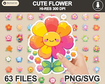 Cute Flower PNG SVG Bundle, sticker PNG bundle, printable stickers, sticker designs, kawaii stickers, sticker downloads, flower clipart