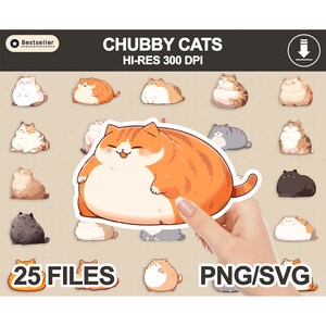 Chubby Cat Clipart PNG SVG Bundle, Printable Stickers (Digital Download)