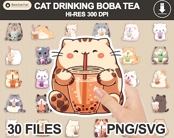 Cat Drinking Boba Tea PNG SVG, Cats sticker, vector sticker, printable stickers, stickers PNG, sticker downloads, cat boba tea clipart