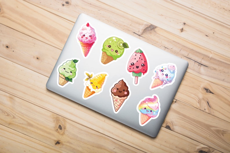 May include: A set of eight colorful ice cream cone stickers with cute faces. The stickers feature different flavors, including strawberry, kiwi, chocolate, and rainbow.