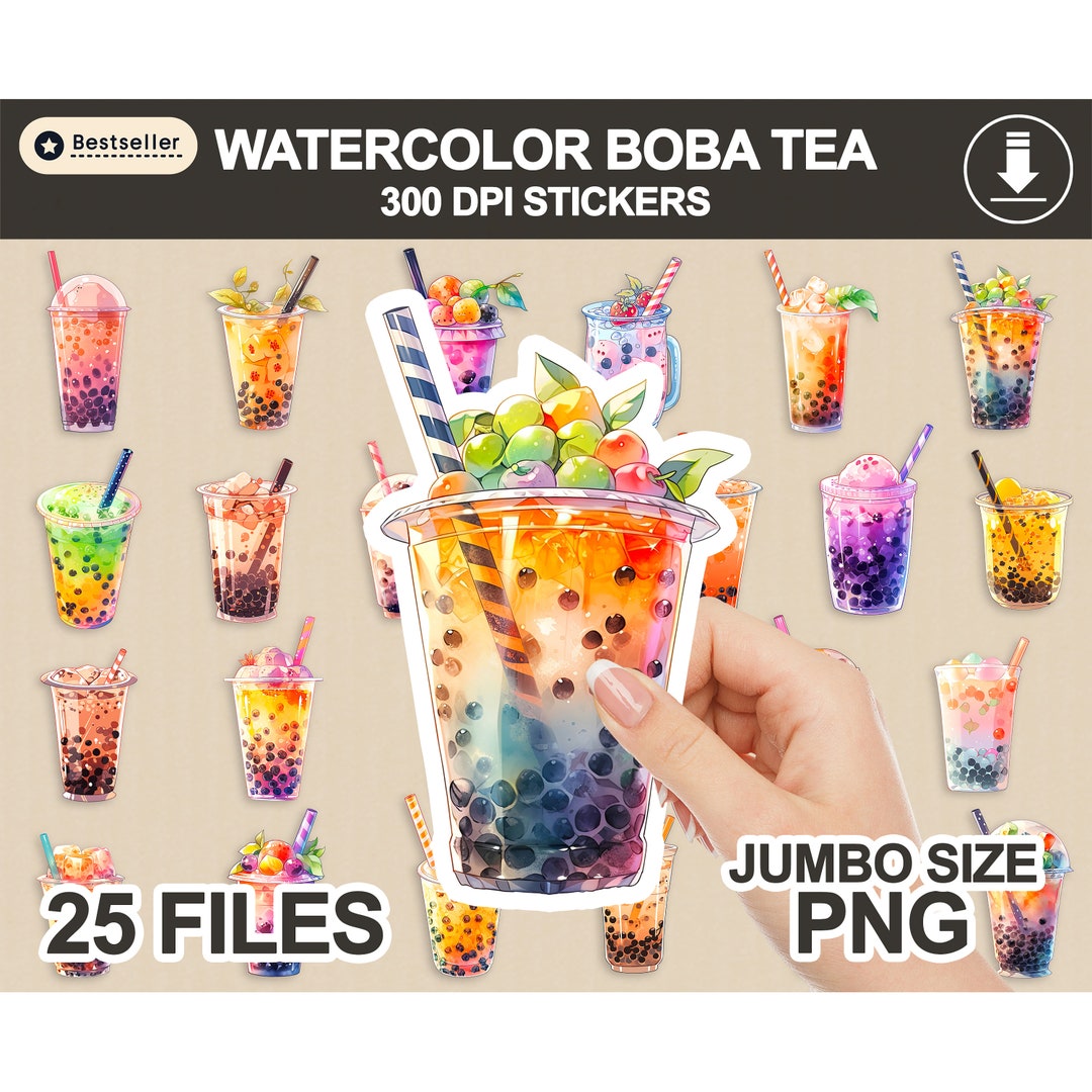 Watercolor Boba Tea Stickers, Kawaii PNG Clipart (digital Download) - Etsy