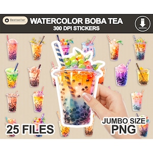 Boba Tea Drink Watercolor stickers, sticker PNG bundle, printable stickers, sticker designs, kawaii stickers, boba tea clipart, big size PNG
