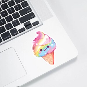 May include: A rainbow-colored ice cream cone with a smiling face. The ice cream is topped with sprinkles and a swirl of pink, blue, and yellow.