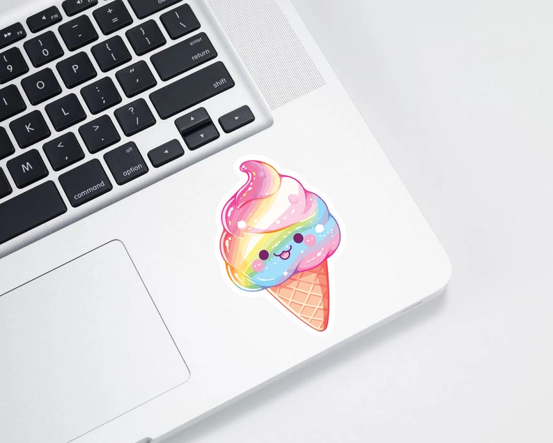 May include: A rainbow-colored ice cream cone with a smiling face. The ice cream is topped with sprinkles and a swirl of pink, blue, and yellow.