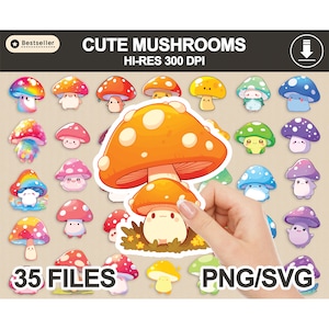 Schattige paddestoelstickers, kawaii png-svgbundel (digitale download)