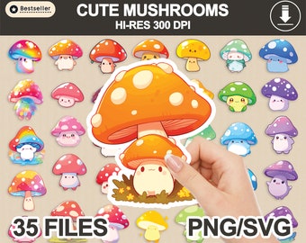 Cute Mushrooms PNG SVG bundle, sticker PNG bundle, printable stickers, sticker designs, kawaii stickers, sticker downloads, mushroom clipart
