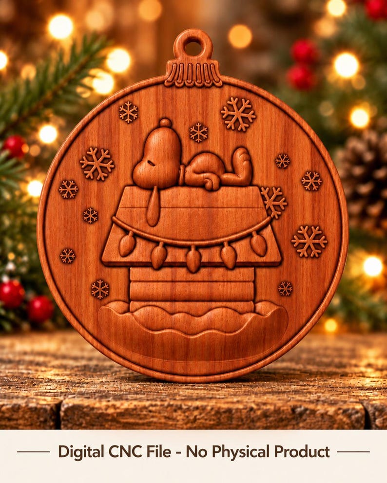May include: A round wooden Christmas ornament featuring a carved relief of a dog sleeping on top of a doghouse decorated with string lights, surrounded by snowflakes. The text at the bottom reads: Digital CNC File - No Physical Product.