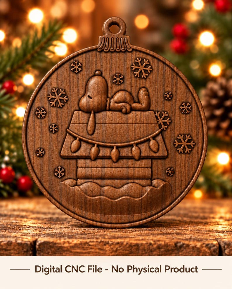 May include: A circular wooden Christmas ornament featuring a carved design of a dog sleeping on top of a doghouse. The scene includes engraved snowflakes and a string of lights draped across the roof. The text Digital CNC File - No Physical Product is visible at the bottom.