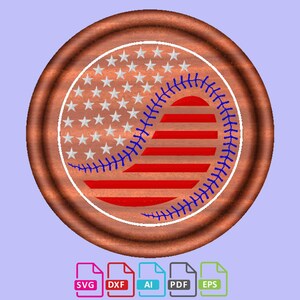 May include: A red, white, and blue American flag design with a baseball stitch pattern. The design is on a round, wooden background.