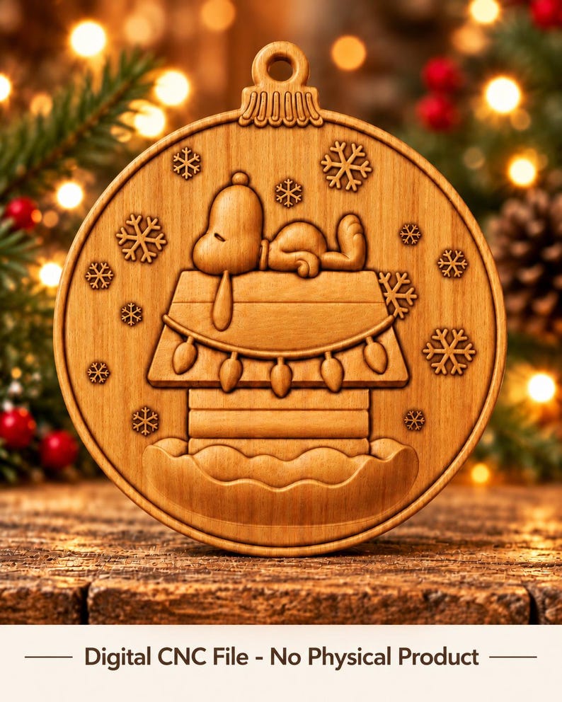 May include: A round wooden Christmas ornament featuring a carved Snoopy lying on top of a doghouse decorated with string lights, surrounded by snowflakes. The text at the bottom reads: Digital CNC File - No Physical Product.