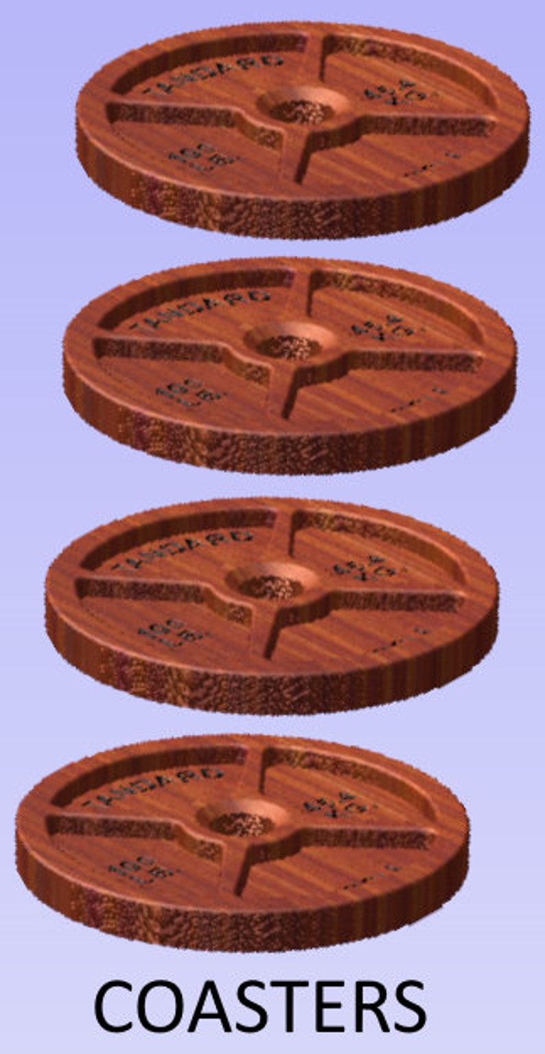 May include: Four wooden coasters shaped like weight plates. Each coaster has the text "Iron Grip" and "45 lbs" printed on it.