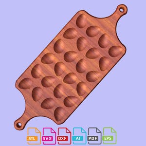 Può includere: Un vassoio da portata in legno di forma rettangolare con due manici. Il vassoio ha 24 incavi a forma di cuore.