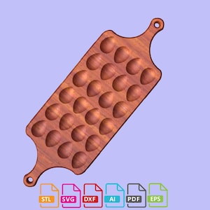 May include: A wooden serving tray with 24 individual indentations, perfect for serving appetizers or snacks. The tray has two handles on the top and is made of a light brown wood.