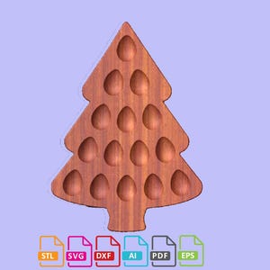 Pode incluir: Um expositor de madeira em forma de árvore de Natal com 15 reentrâncias em forma de ovo. A árvore é de cor castanha quente e tem um acabamento liso. O design inclui ícones de tipo de arquivo na parte inferior.