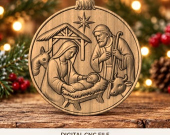 May include: A circular wooden ornament featuring a carved nativity scene with Mary, Joseph, and the infant Jesus in a manger under a star. The text DIGITAL CNC FILE NO PHYSICAL PRODUCT is printed at the bottom of the image.