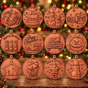 May include: A set of twelve circular wooden Christmas ornaments featuring engraved designs including a nativity scene, Snoopy on a doghouse, snowmen, the word BELIEVE, gnomes, a truck, Jack Skellington, bells, and Santa Claus.
