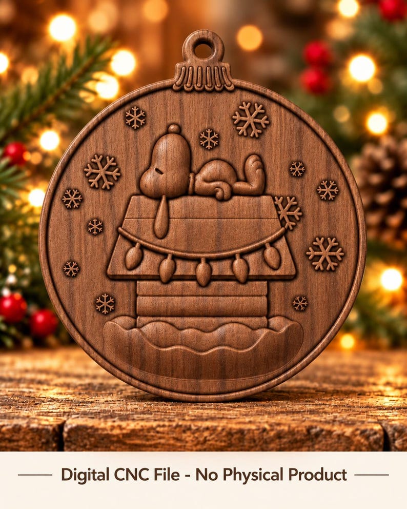 May include: A circular wooden ornament featuring a carved design of a dog sleeping on top of a doghouse decorated with string lights and surrounded by snowflakes. The text Digital CNC File - No Physical Product is printed below.