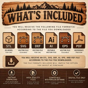 May include: A digital file information graphic featuring a wood-textured header with the text WHAT'S INCLUDED and a mountain silhouette. It lists file formats STL, SVG, DXF, AI, EPS, and PDF with icons, plus text detailing instant download, high quality files, software compatibility, and digital-only status.