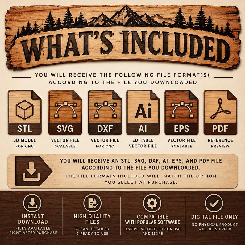 May include: A digital file information graphic featuring a wood-textured header with the text WHAT'S INCLUDED and a mountain silhouette. It lists file formats STL, SVG, DXF, AI, EPS, and PDF with icons, plus text detailing instant download, high quality files, software compatibility, and digital-only status.