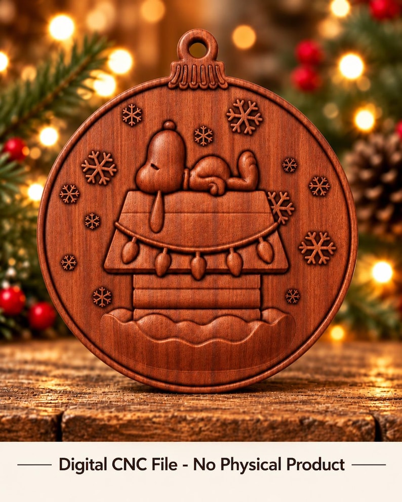 May include: A round wooden ornament featuring a carved Snoopy lying on top of a doghouse, surrounded by snowflakes and string lights. The ornament has a loop at the top for hanging. The text at the bottom reads: Digital CNC File - No Physical Product.