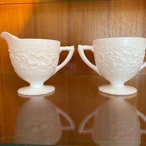 Vintage Indiana Glass Co. Orange Blossom Milk Glass Pedestal Cream and Sugar Set