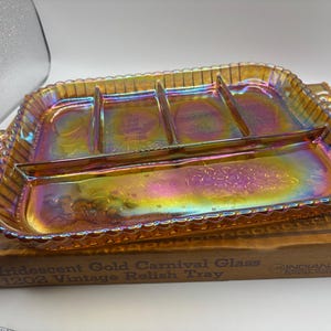 Vintage Carnival Indiana Glass Iridescent Gold Relish Tray In Original Box