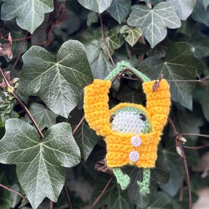 Può includere: Una rana all'uncinetto fatta a mano con un maglione giallo con due bottoni bianchi. La rana ha braccia e gambe verdi e una testa verde e bianca. La rana è appesa a un filo verde su uno sfondo di foglie verdi.