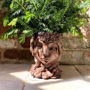 Puede incluir: Un macetero de cerámica marrón con forma de cabeza de mujer con flores en el pelo. El macetero está lleno de follaje verde.