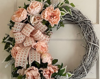 Mothers Day wreath, summer wreath, Wedding wreath,  grapevine wreath,  spring wreath, Everyday wreath, peony wreath, roses, Housewarming