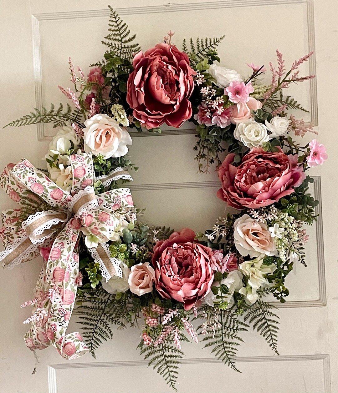 Peony Rose Floral Wreath: Spring Door Decor With Pink Bow - Etsy