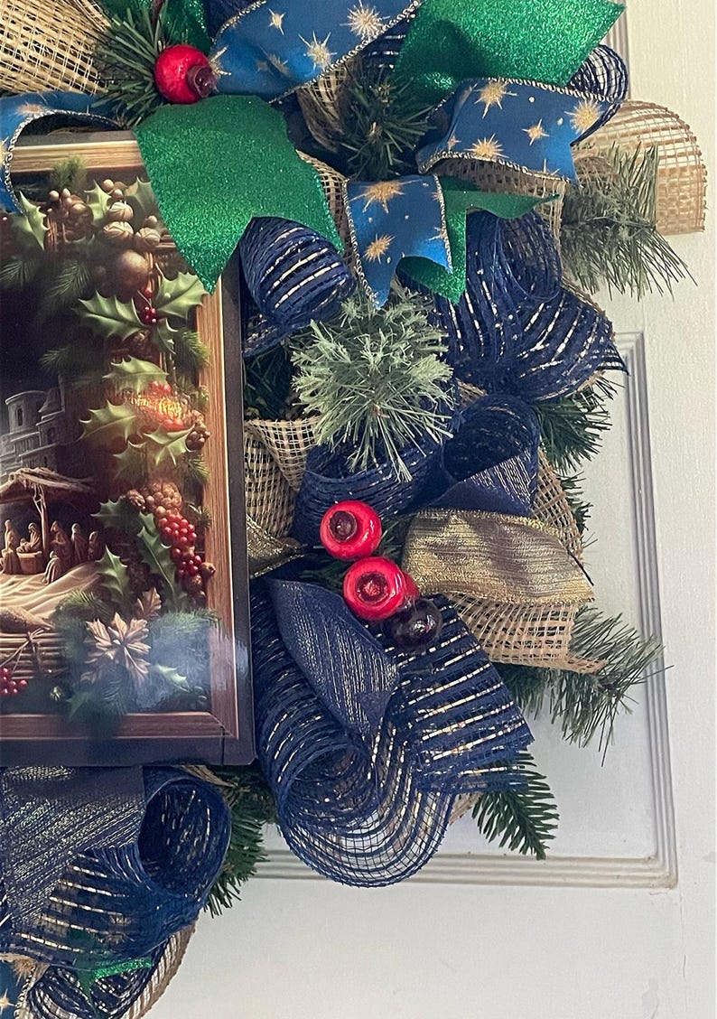 Nativity Christmas Wreath, Starry Night Scene With Green, Navy and Gold ...