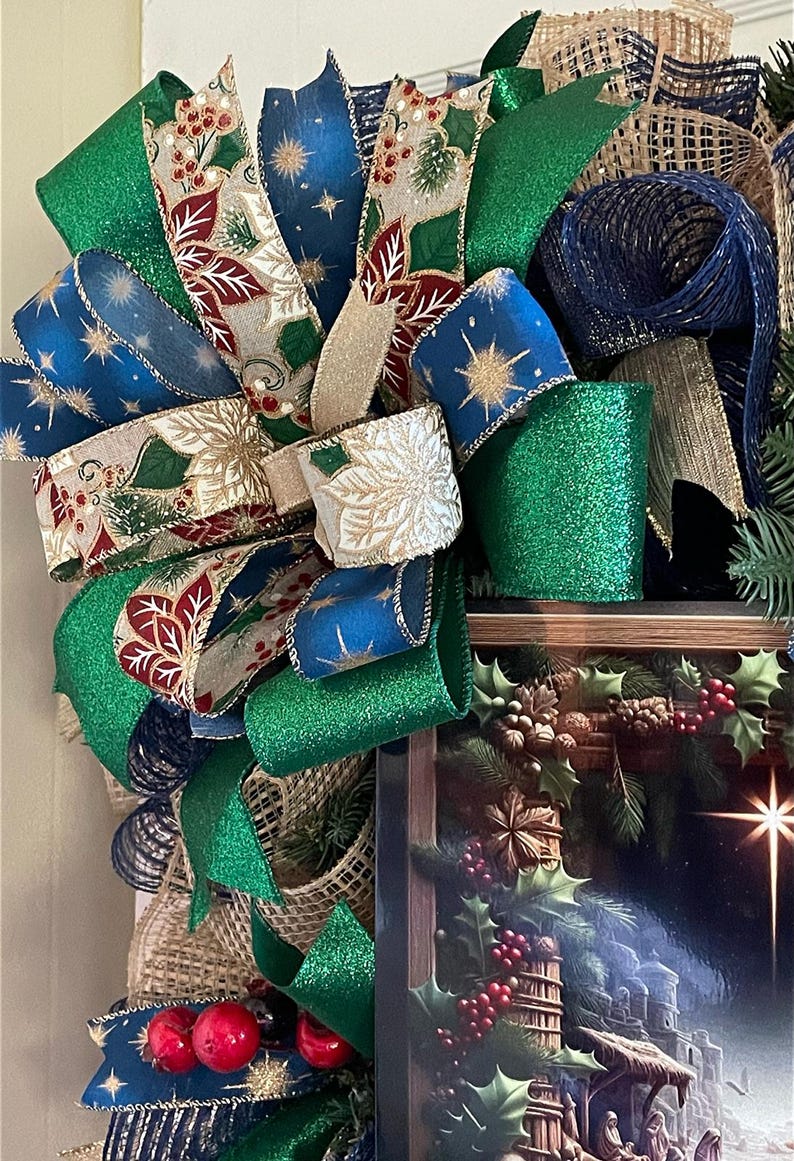 Nativity Christmas Wreath, Starry Night Scene With Green, Navy and Gold ...