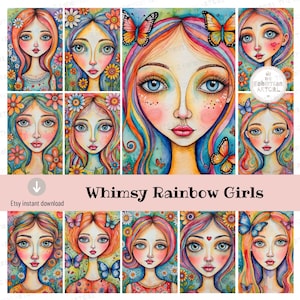 Whimsical Girls, Whimsy Art, Mixed Media Art Junk Journaling, Ephemera, Scrapbooking, Craft Supplies, Happy Girl, Digital Prints, Printable