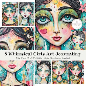 Printable Whimsical Girls, Mixed Media Art Journaling, Junk Journal Pocket Mini Set, Scrapbooking, Art and Craft, Journaling, Digital Prints