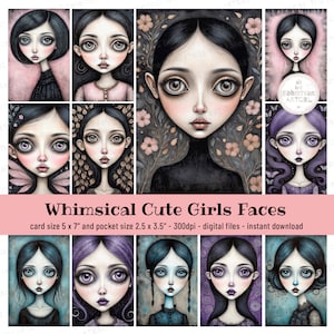 Whimsical Cute Girls Faces, Mixed Media Art Journaling, Junk Journal, Art and Craft, Digital Prints, Artworks Prints, Whimsy Girls Art Print
