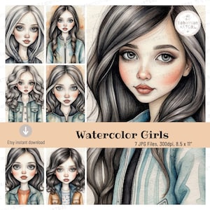 Watercolor Girls, Whimsical Art, Printable Art, 8.5 x 11 inches, JPG files, Art Journaling, Scrapbooking, High-Quality Art, Creative Prints