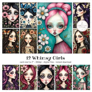 Printable Whimsical Girls, Mixed Media Art Journaling, Junk Journal Essential, Scrapbooking, Art and Craft, Digital Prints, Supplies