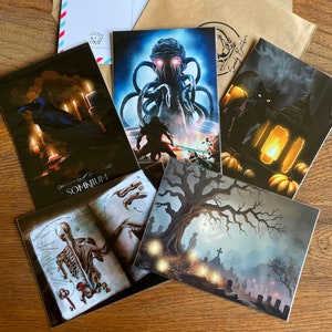 Set of 5 Art Cards, Autumn Art Postcards, Halloween.