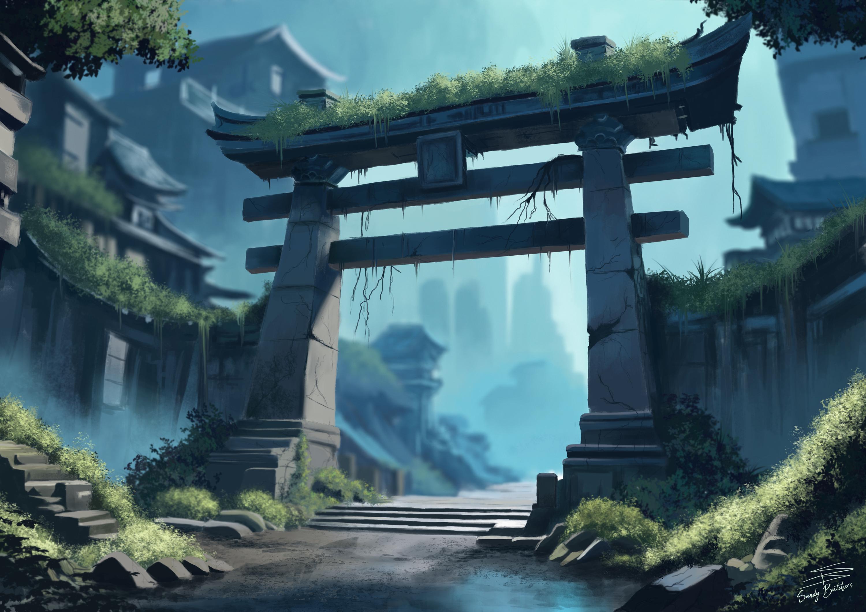 Tori Gate in Post-apocalyptic Cyberpunk Urban Landscape Futuristic Wall ...