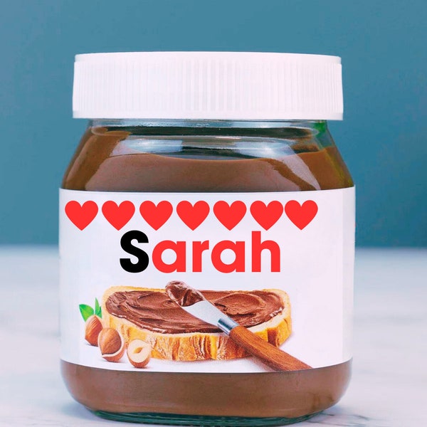 Pegatina personalizada del tarro del corazón, etiqueta personalizada del nombre de Nutella, idea de regalo, personalizado, pegatina de vinilo, corazones del arco iris, regalo de San Valentín, corazón rojo