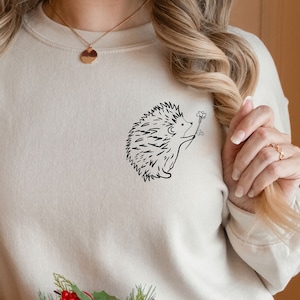 Animal Lover Minimalist Sweatshirt, Funny Hedgehog Pocket Sweatshirt, Hedgehog And Flower, Cute Porcupine Sweatshirt, Hedgehog Lover Gifts