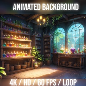May include: A 4K animated background featuring a magical potion shop with shelves of colorful bottles, a large window overlooking a lush forest, and a wooden table with more potions. The text "ANIMATED BACKGROUND" and "4K / HD / 60 FPS / LOOP" are visible.