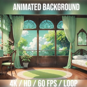 Animated Background Cozy Plants Bedroom for Vtuber, Twitch or Streamers. , stream background, FullHD / loop