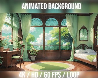 Animated Background Cozy Plants Bedroom for Vtuber, Twitch or Streamers. , stream background, FullHD / loop