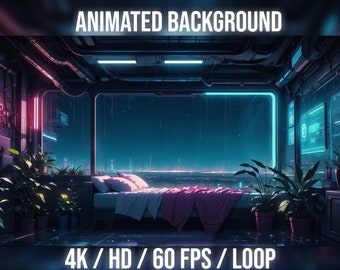 Animated Background Cyberpunk | Neon | Room | Bedroom | For Vtuber, Twitch or Streamers. , stream background, HD & 4K / loop