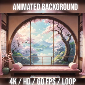 May include: An animated background featuring a Japanese-style room with a large circular window overlooking a scenic landscape. The scene includes cherry blossoms, a mountain, and a lake. The text "ANIMATED BACKGROUND" is at the top, and "4K / HD / 60 FPS / LOOP" is at the bottom.