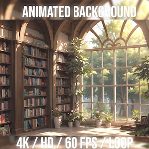 Könnte beinhalten: Eine digitale Animation einer sonnendurchfluteten Bibliothek mit großen Fenstern, Bücherregalen aus Holz, die mit Büchern gefüllt sind, und Topfpflanzen. Der Text "4K / HD / 60 FPS / LOOP" befindet sich am unteren Rand des Bildes.
