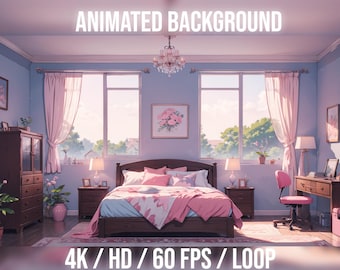 Animated Background Cozy Pink Bedroom | Aesthetic | Room | Pastel |  for Vtuber, Twitch or Streamers. , stream background, HD & 4K / loop